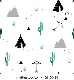 Indian tribal background. Scandinavian geometric seamless pattern. Simple flat wigwam, forest, arrow, cactus and landscape elements. Map texture. Minimalist design. Cartoon illustration