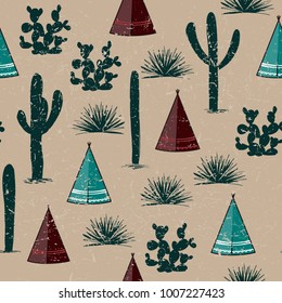 Indian tribal background. Simple flat wigwam, cactus, and grass. Seamless pattern landscape. Minimalist design. Cartoon illustration