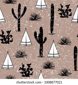 Indian tribal background. Simple flat wigwam, cactus, and grass. Seamless pattern landscape. Minimalist design. Cartoon illustration