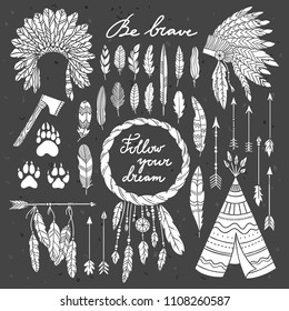 Indian tribal boho elements. Hipster vintage silhouette illustrations with Western American Indian graphics