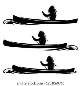 indian tribal chief rowing in traditional canoe - native american, boat and wave  black vector silhouette set