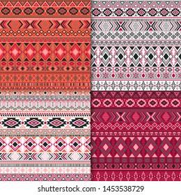 Indian tribal ethnic motifs geometric patterns set. Geometric tribal motifs clothing fabric textile ethno prints traditional design. South american folk fashion prints.
