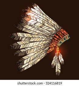 Indian Tribal Headdress, Color Hand Drawn Illustration On Dark Background