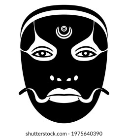 Indian tribal mask from Kerala. Stylized human face with stage makeup. Ethnic theater actor as demon with fangs. Black and white silhouette.