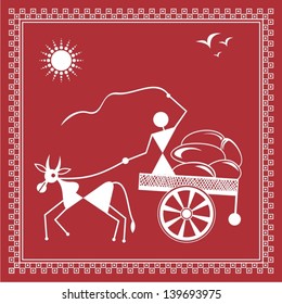 Indian tribal Painting. Warli Painting of a bullock Cart