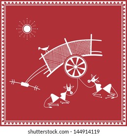 Indian tribal Painting. Warli Painting of a bullock cart