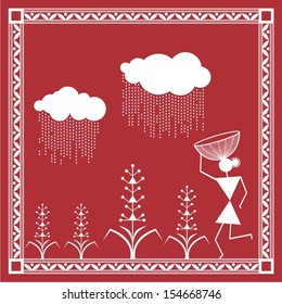 Indian tribal Painting. Warli Painting of farming in rainy season