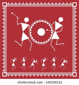 Indian tribal Painting. Warli Painting of people dancing