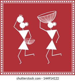 Indian tribal Painting. Warli Painting of vegetable seller woman with basket