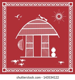 Indian tribal Painting. Warli Painting of a village house