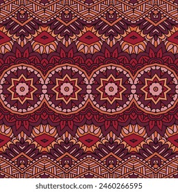 Indian tribal seamless pattern fort fabric. Natural carpet design. Bohemian Intricate ornament style . Ethnic doodle handdrawn arts.