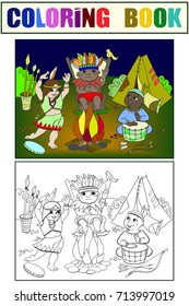 Indian tribe in the form of three children coloring book for adults vector illustration. Black and white lines leader, woman, man, dance, play, hut. Lace pattern on the theme of Indians