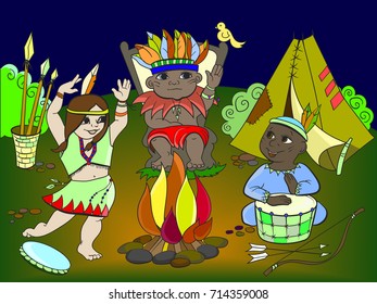 Indian tribe in the form of three children book for adults vector illustration. Leader, woman, man, dance, play, hut.