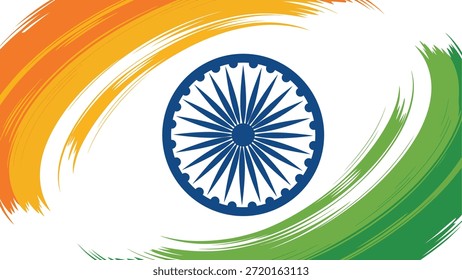 Fondo tricolor indio del trazo del cepillo con la Ilustración vectorial circular de la composición del chakra del ashoka diseño patriótico artístico para la celebración del día de la independencia de la república