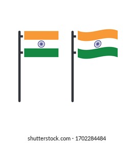 Indian tricolor flag stable and waving on flag pole. Stock Vector illustration isolated on white background.