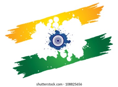 Indian tri-color national flag in orange or saffron, white and green color painted using paint brush and splash of colors. The center contains asoka chakra on a blue splash of paint.