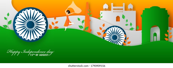 Indian Tricolor Paper Cut Background with Ashoka Wheels, Famous Monuments and Cartoon Young Girl in Running Pose on the Occasion of Happy Independence Day.