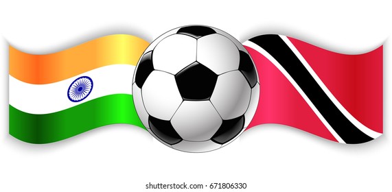 Indian and Trinidadian wavy flags with football ball. India combined with Trinidad and Tobago isolated on white. Football match or international sport competition concept.