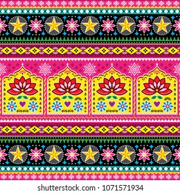 Indian truck art floral seamless folk art pattern, Pakistani Jingle trucks vector design,  vivid ornament with lotus flowers and abstract shapes.
Colorful repetitive Diwali background 