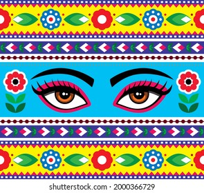 Indian truck art vector seamless pattern with Kali godess eyes and flowers - long vertical design. Vibrant repetitive design with woman's face inspired by traditional lorry and rickshaw art