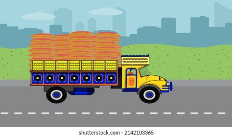 A indian truck carrying rice sack on a road a traditional truck.