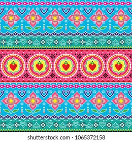 Indian trucks art seamless vector pattern, Pakistani colorful truck floral design with lotus flower, leaves and abstract shapes. Colorful repetitive Diwali background inspired by traditional lorry an