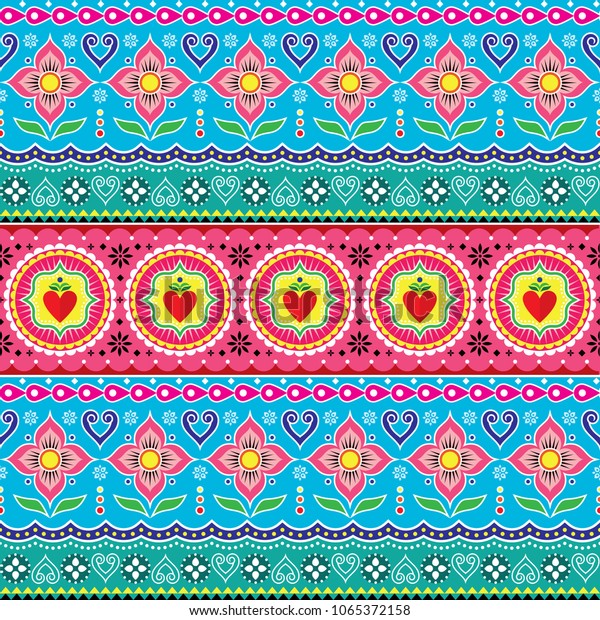 Indian trucks art seamless vector pattern, Pakistani\
colorful truck floral design with lotus flower, leaves and abstract\
shapes. Colorful repetitive Diwali background inspired by\
traditional lorry an