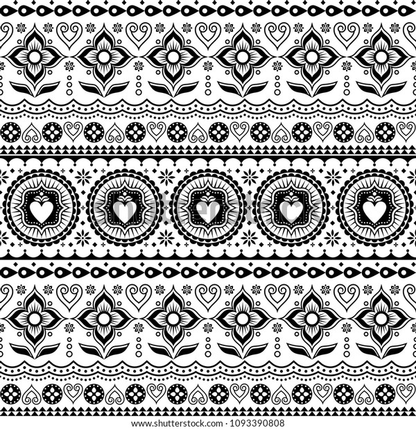 Indian trucks art\
seamless vector pattern, Pakistani monochrome truck floral design\
with lotus flower, leaves and abstract shapes. Black and white\
repetitive Diwali\
background