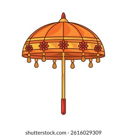 Indian Umbrella Floral Decor Yellow Orange Festival Ornament Traditional Parasol Vector Sacred Cultural Heritage Prop