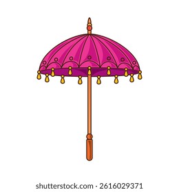 Indian Umbrella Pink Gold Tassel Decorative Festival Ceremony Shade Traditional Vector Ornate Cultural Parasol