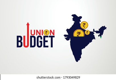 Indian Union Budget, India Economy, Finance Icon, Indian Rupee Coin With Indian Map Vector Illustration, Typography