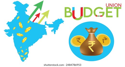 Indian Union Budget, India Economy, Finance icon, Indian rupee coin with Indian map Ilustración vectorial.
