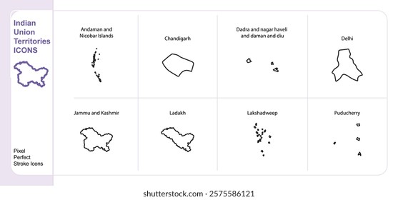 Indian Union Territories icons set single stroke vector collection color changeable pixel perfect icons