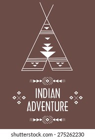Indian vacations. Tribal background with Indian ornaments, arrows and wigwam