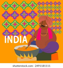 Indian vector character. Vector Hindu man in traditional clothes who is preparing food, inscription and colorful floral orange background