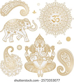 Indian vector clipart set with Ganesha, paisley, mandala, Indian elephant. Golden Hindi ornament. Indian pattern. Sanskrit. Lotus mandala