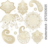 Indian vector clipart set with paisley, mandala, Indian elephant. Golden Hindi ornament. Indian pattern. Sanskrit. Lotus mandala