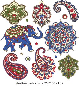 Indian vector clipart set with paisley, mandala, Indian elephant. colorful Hindi ornament. Indian pattern. Sanskrit. Lotus mandala