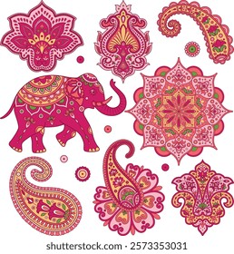 Indian vector clipart set with paisley, mandala, Indian elephant. colorful Hindi ornament. Indian pattern. Sanskrit. Lotus mandala