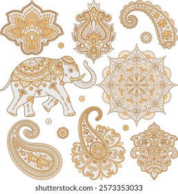 Indian vector clipart set with paisley, mandala, Indian elephant. Golden Hindi ornament. Indian pattern. Sanskrit. Lotus mandala