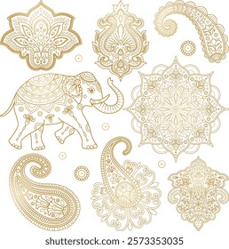 Indian vector clipart set with paisley, mandala, Indian elephant. Golden Hindi ornament. Indian pattern. Sanskrit. Lotus mandala