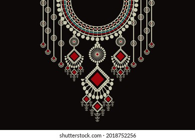 Diseño vectorial indio para camisas de cuello, camisas, camisetas. Bordados elementos geométricos étnicos para tela, textil. Diseño gráfico de la línea del cuello adorno. Borde decorativo paisley. 