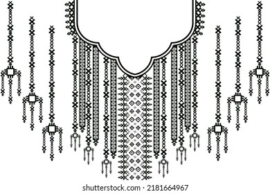 Diseño vectorial indio para camisas de cuello, camisas, camisetas. Bordados elementos geométricos étnicos para tela, textil. Diseño gráfico de la línea del cuello adorno. Borde decorativo paisley.