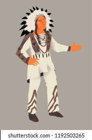 The Indian, vector illustration by Thanksgiving Day. The aboriginal of America in traditional suit. Isolated object.