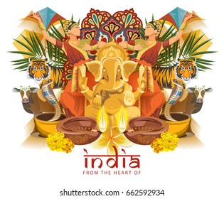 Indian vector illustration. Hindu poster with traditional indian objects. India