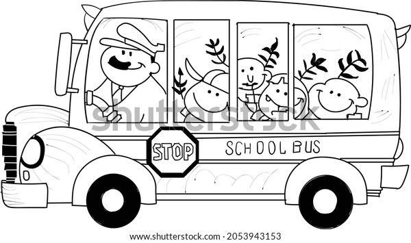 Indian vector illustration of school\
bus with kids and drive line drawing black and white.\
