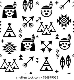 Indian vector seamless pattern for boys and girls, native American background with teepee and arrows.

Vector Apache tribal wallpaper in black and white, perfect for baby nursery decor, Indians cute 