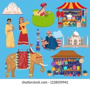 Indian vector set. Lotus temple, Taj Mahal, Indian women in traditional dresses, man smoking hookah, indian elephant with rider, spices street shop, souvenir shop, woman picking tea leaves.