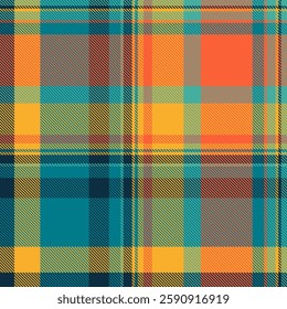 Indian vector texture check, cool fabric plaid textile. Basic background tartan pattern seamless in cyan and amber colors palette.