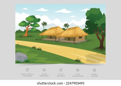 Indian Village Background Illustration. Rural mountain landscape and village vector illustration. A beautiful village with farmlands, trees, meadows and with mountains in the background.